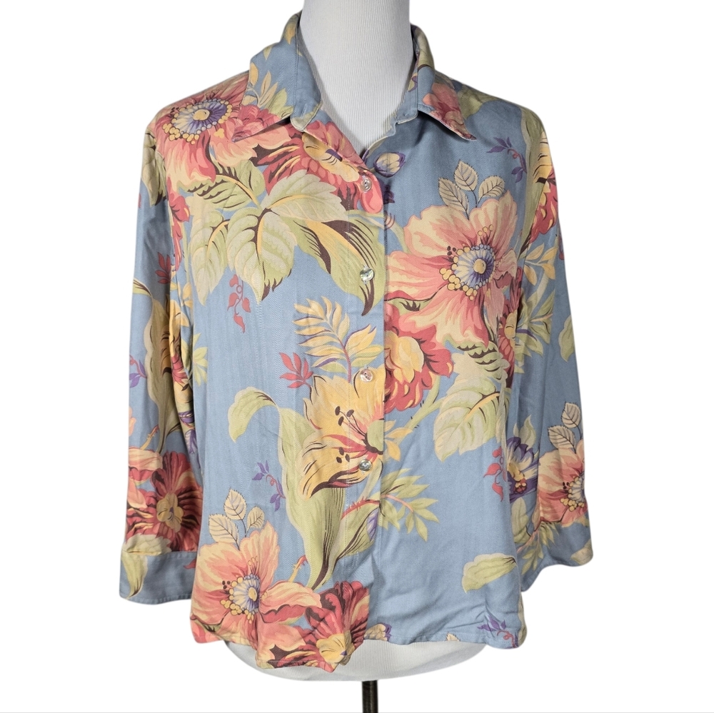 david brooks Size 14 Vintage Silk Blue Floral Button-Down Shirt